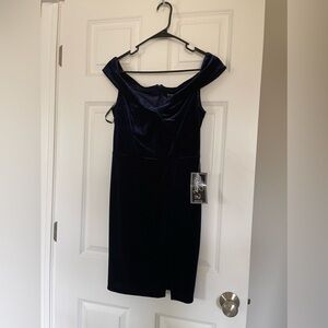 Off the shoulder velvet royal blue petite dress